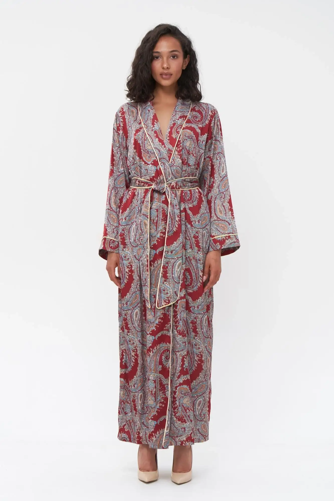 Maxi Satin Robe in Paisley Print and Long Sleeves