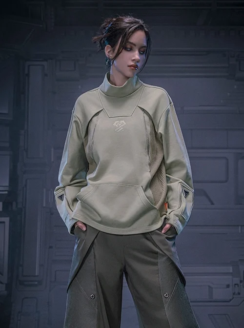 Mecha Style Autumn Winter Small High Collar Side Waist Stitching Waffle Cuffs Metal Zipper Cyberpunk Long Sleeves Pullover Sweatshirt
