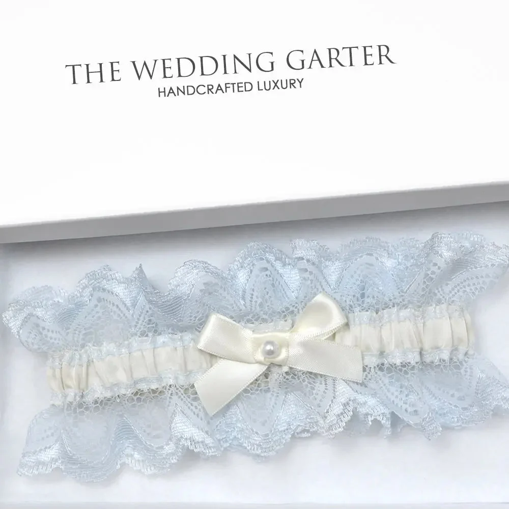 Melody Ivory Satin and Blue Lace Trim Bridal Garter