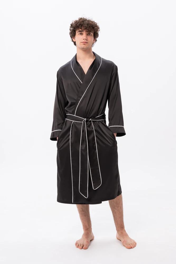 Men’s Black Luxury Dressing Gown in Black Satin
