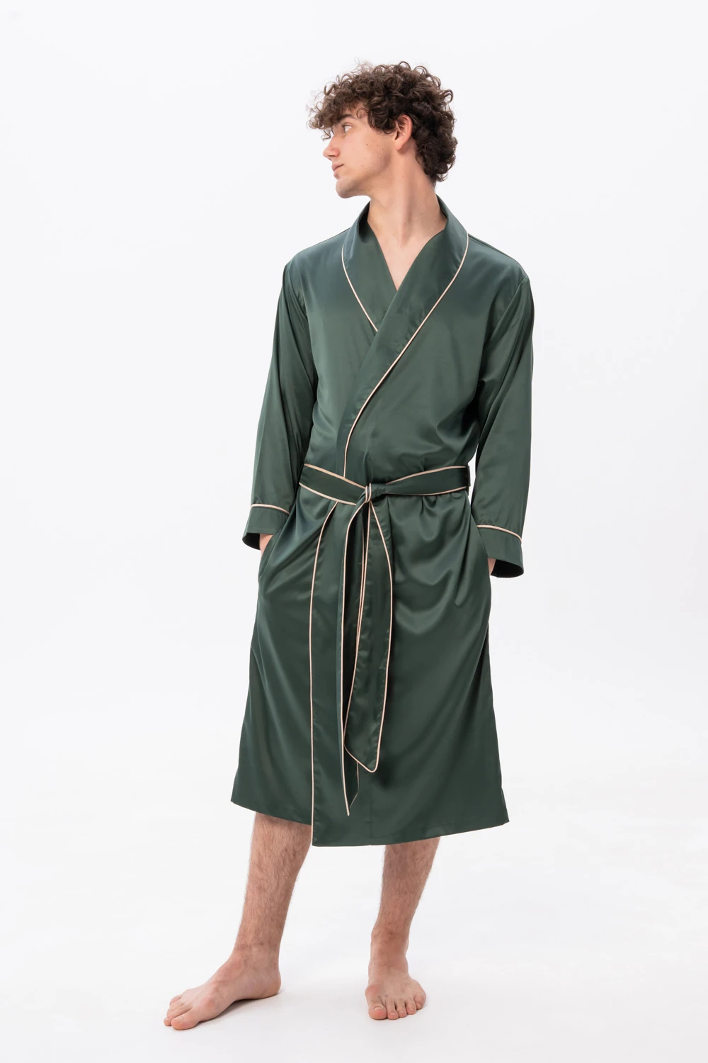 Men’s Long Length Dressing Gown in Green Satin