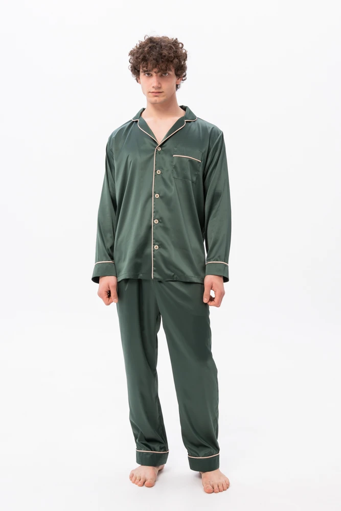 Men’s Long Sleeve Pyjamas in Green Satin