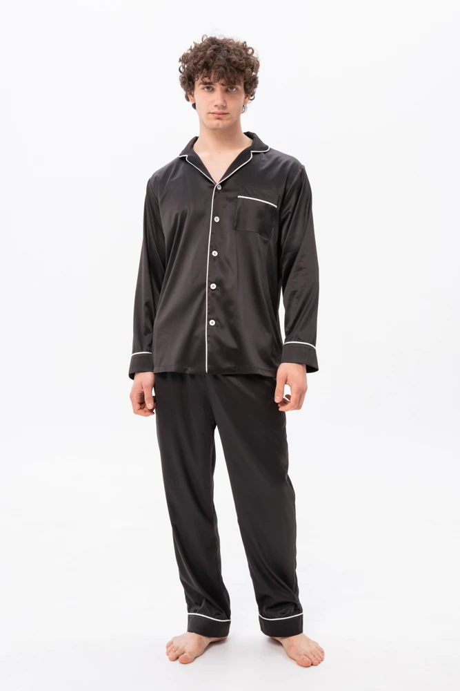 Men’s Luxury Pyjamas in Black Satin with Long Sleeves