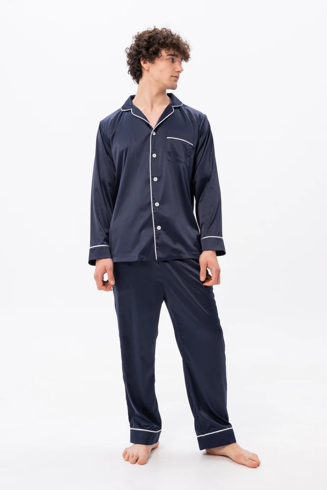 Men’s Navy Satin PJs with Long Sleeve