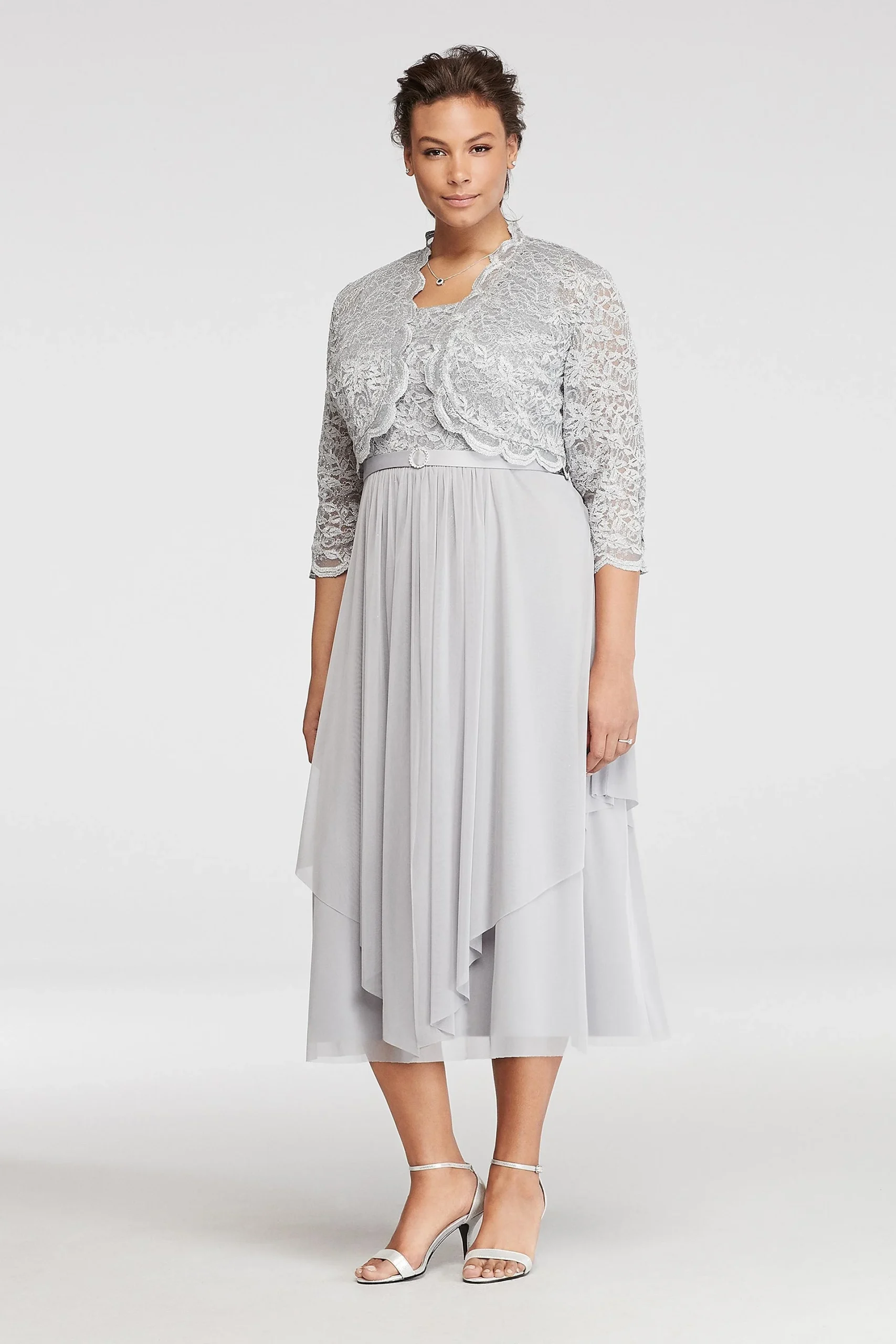 Mesh Belted Dress with 3/4 Sleeved Lace Jacket