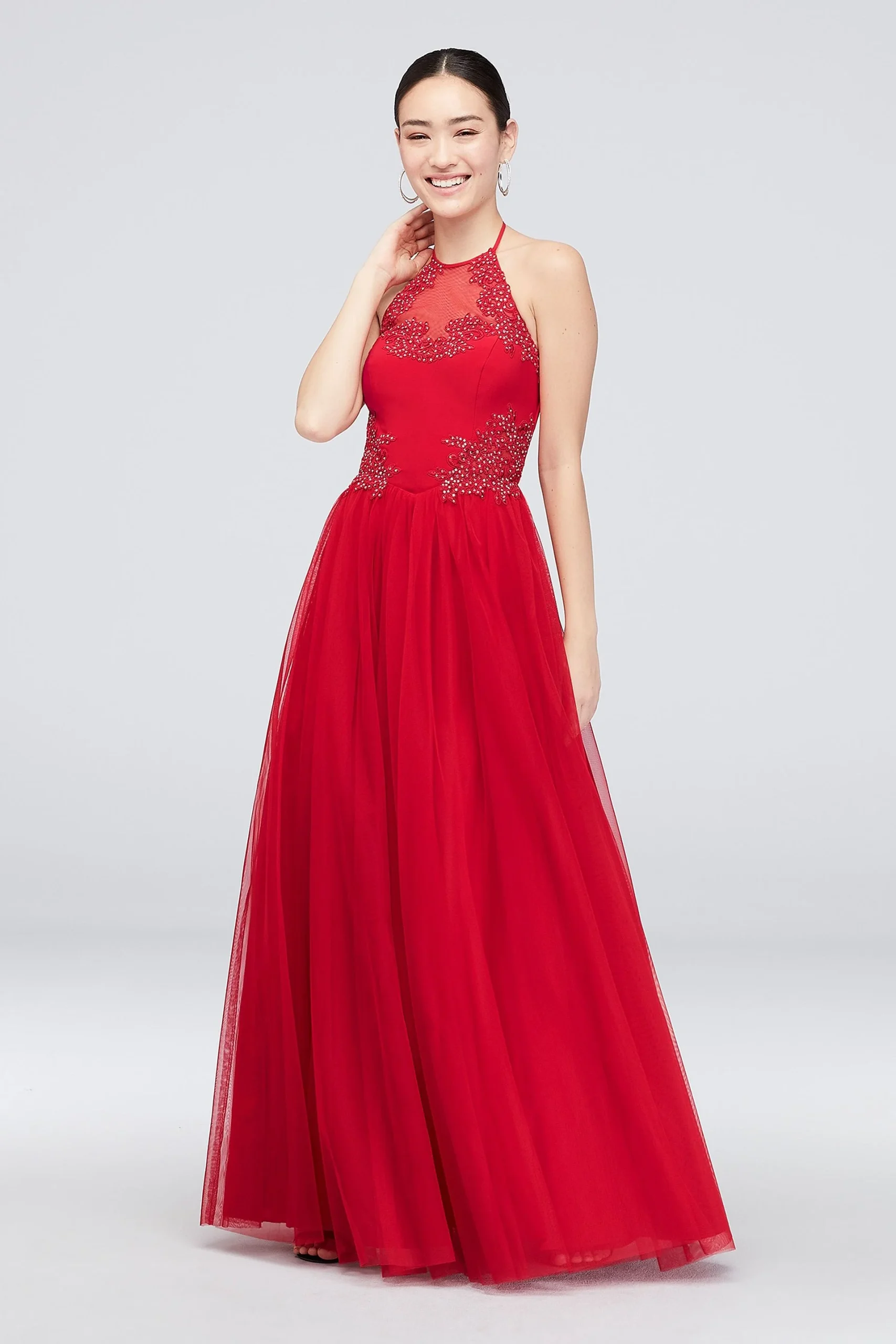 Mesh Halter Gown with Lace Appliques