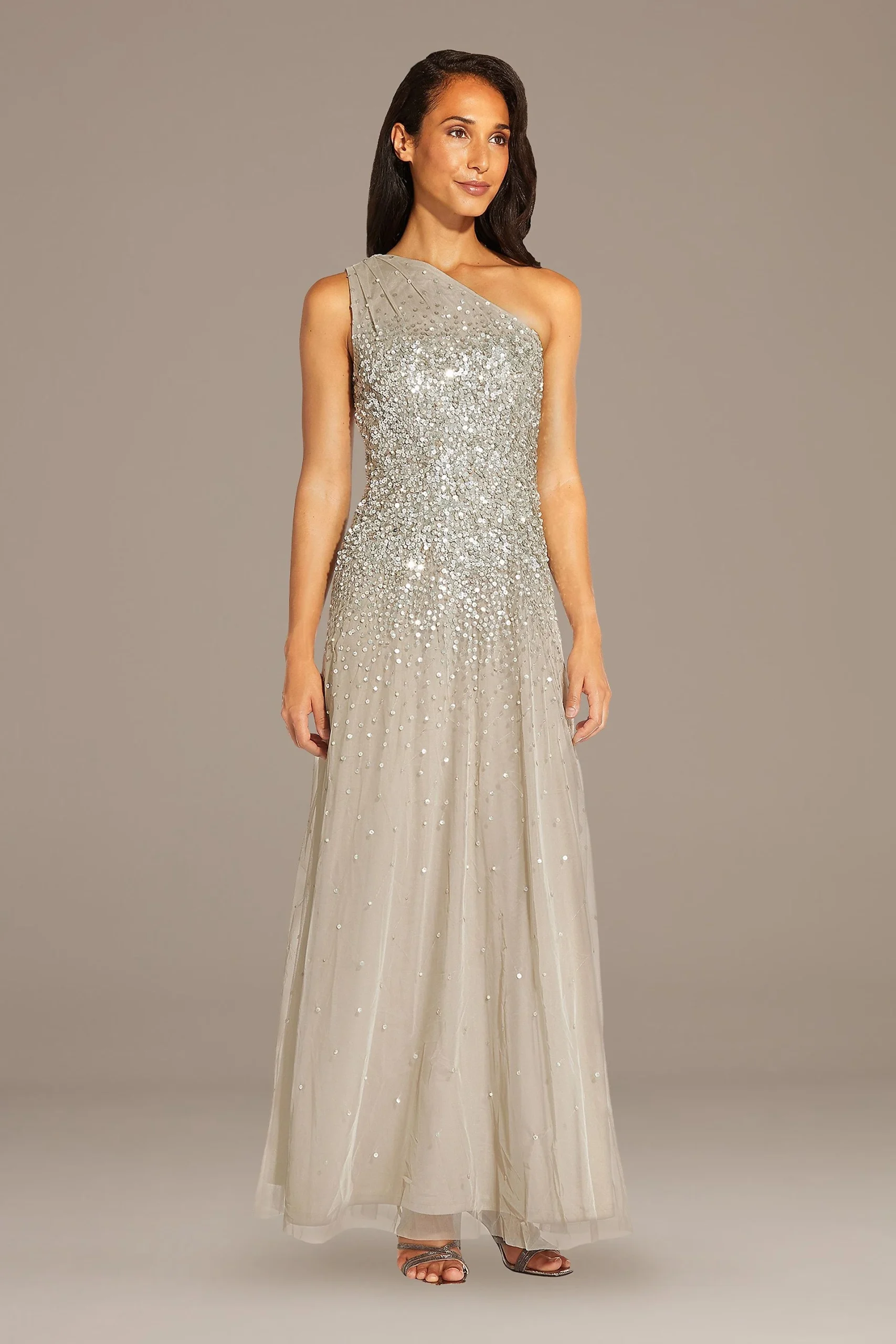 Mesh One-Shoulder Gown with Scattered Sequins