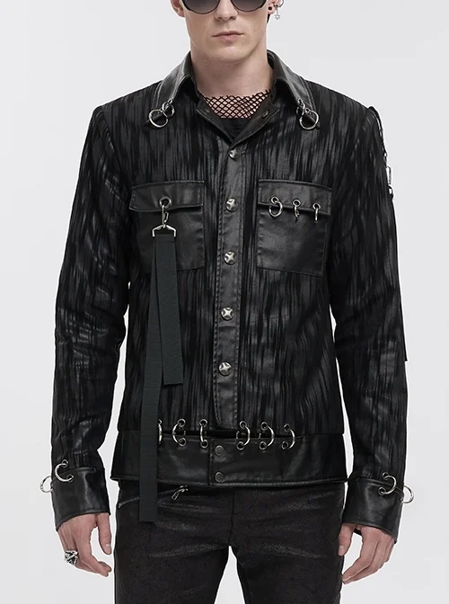 Metal Ring Perforated Lapel Lapel Button Handsome Black Punk Jacket