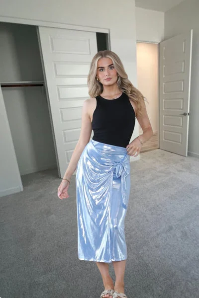 Metallic Blue Wrap Midi Skirt – Lila