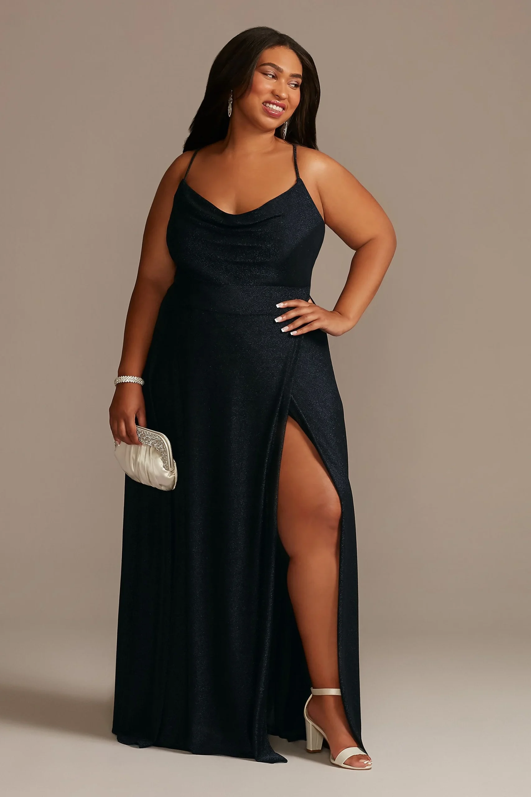 Metallic Cowl Neck Dress with Lace-Up Back
