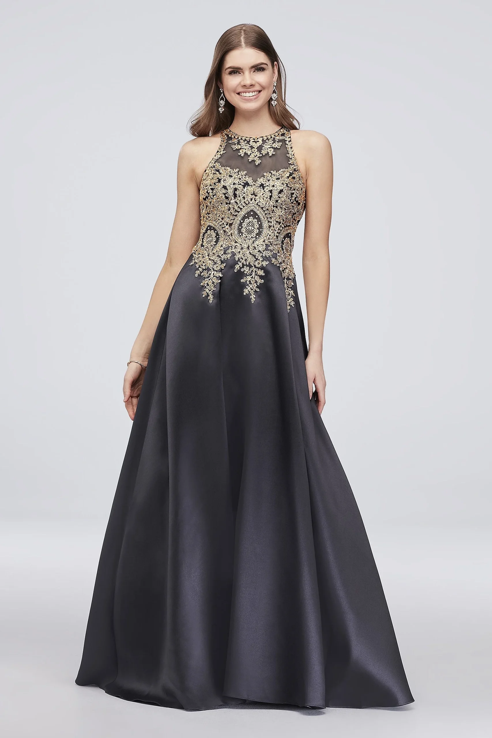 Metallic Embroidered High-Neck Mikado Ball Gown