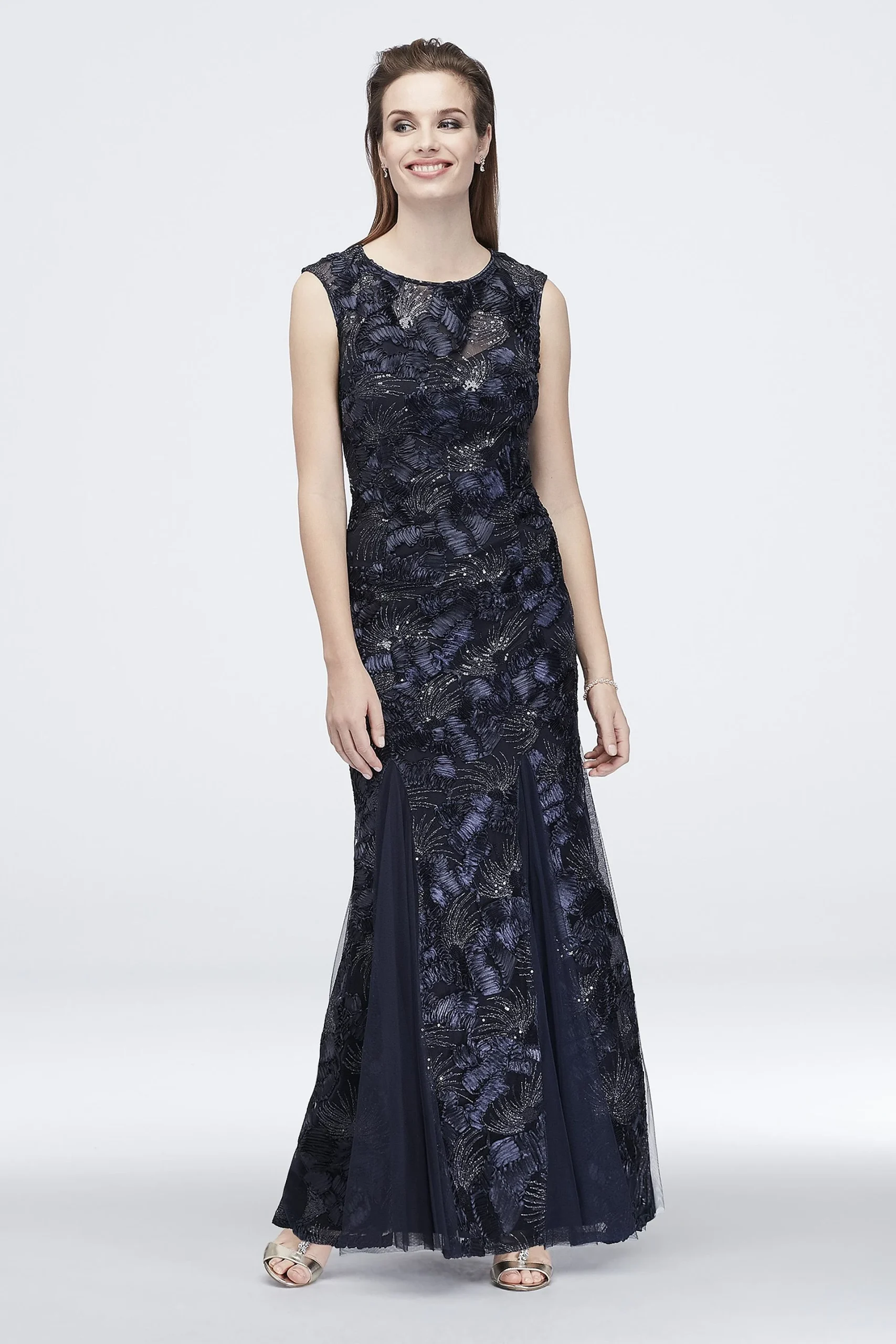 Metallic Sequin and Soutache Gown with Godets