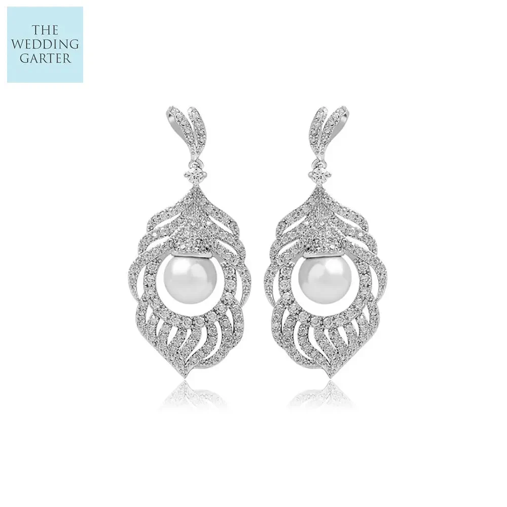 Micro Paved CZ Diamond & Pearl Feather Drop Bridal Earrings