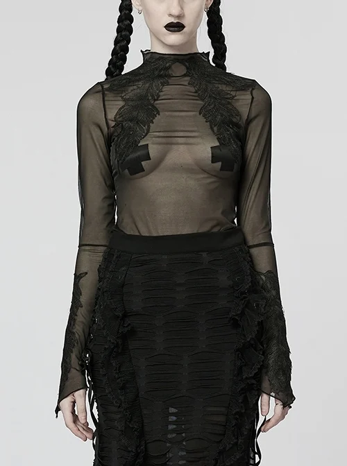 Mid High Neck Slim Fit Stretch Spandex Feather Trim Cuffs Neck Black Gothic Feather Applique Base Layer Shirt