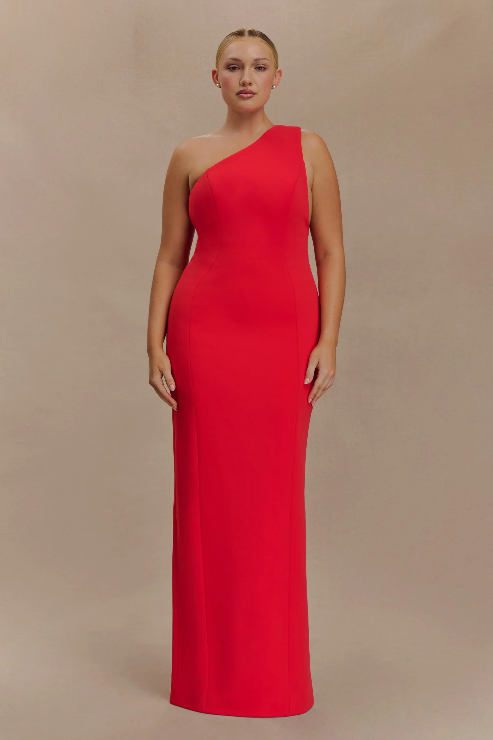 MilenaOne Shoulder Crepe Maxi Dress - Red