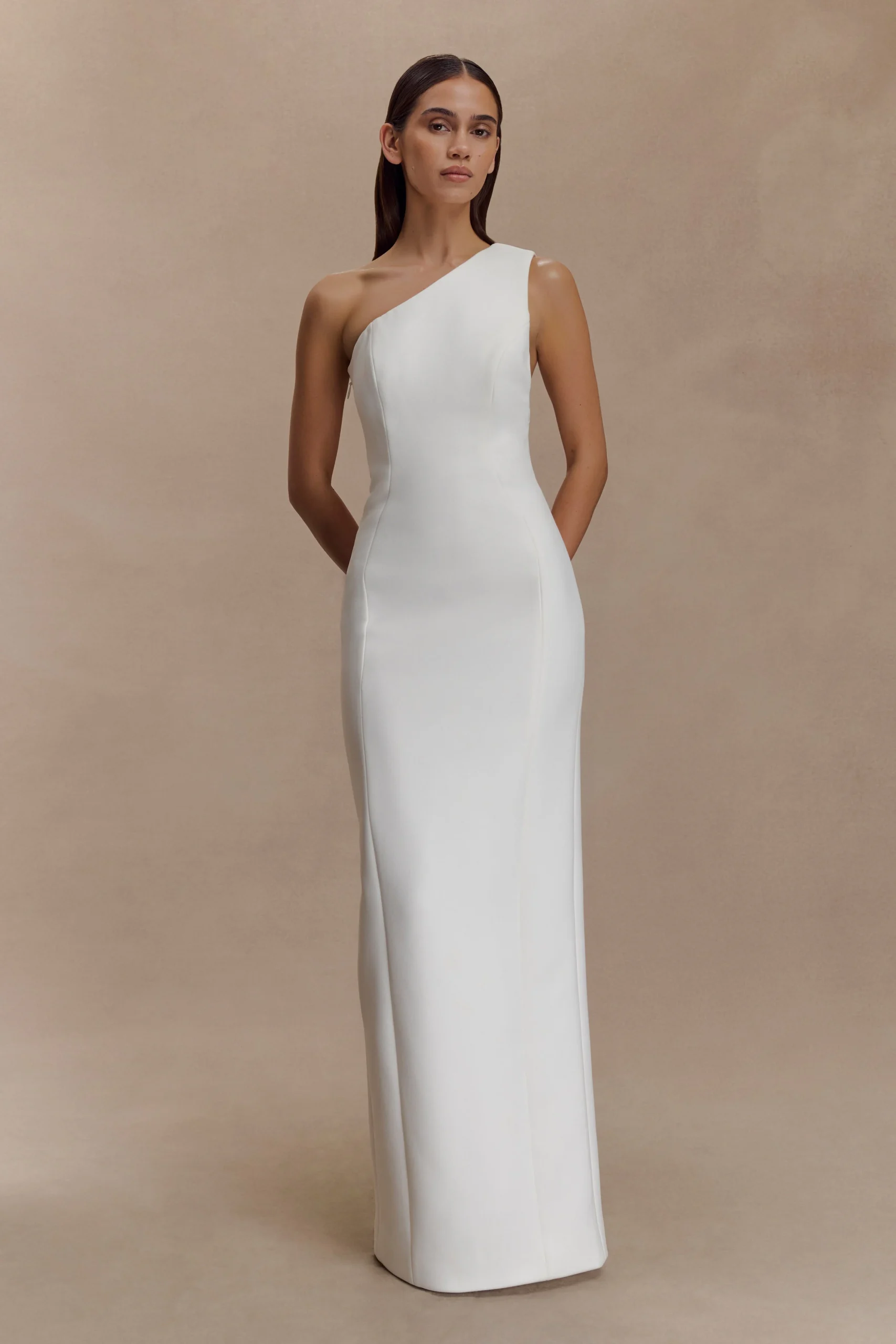 MilenaOne Shoulder Crepe Maxi Dress - White
