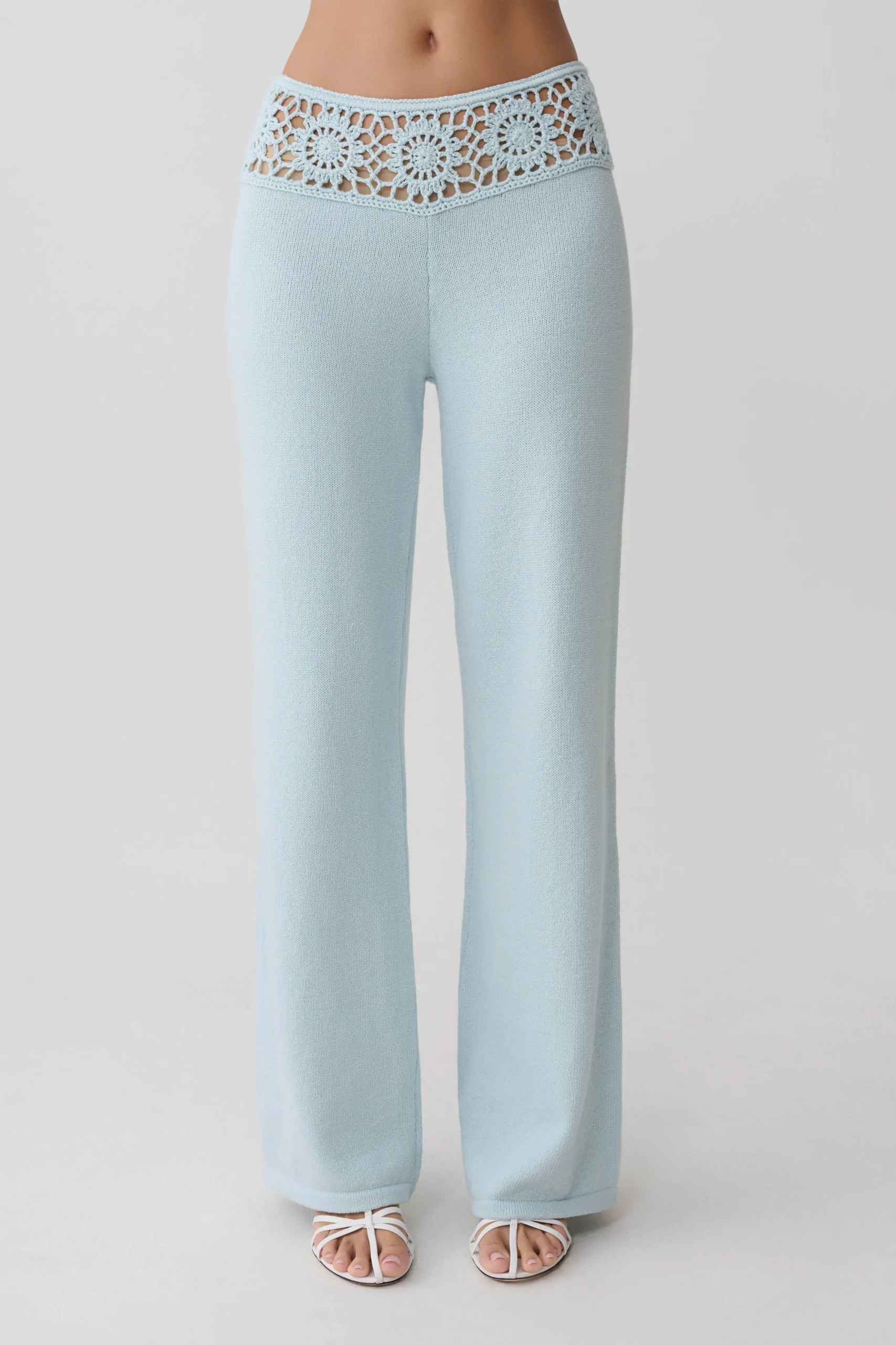 MileyCrochet Waistband Straight Leg Pant - Pale Aqua