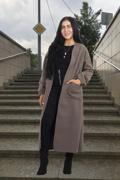 Mocha Belted Longline Pocket Detail Waterfall Coat- Kinny