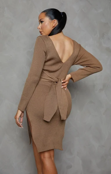Mocha Knitted Rib V Neck Long Sleeve Side Split Bodycon Mini Dress - Dolly