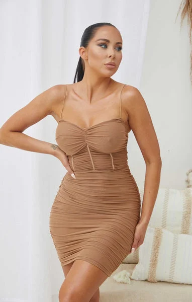 Mocha Mesh Ruched Sheer Panel Strappy Bodycon Mini Dress - Hester