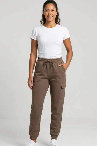 MochaDrawstring Waist Pocket Detail Cuffed Cargo Joggers - Sienna