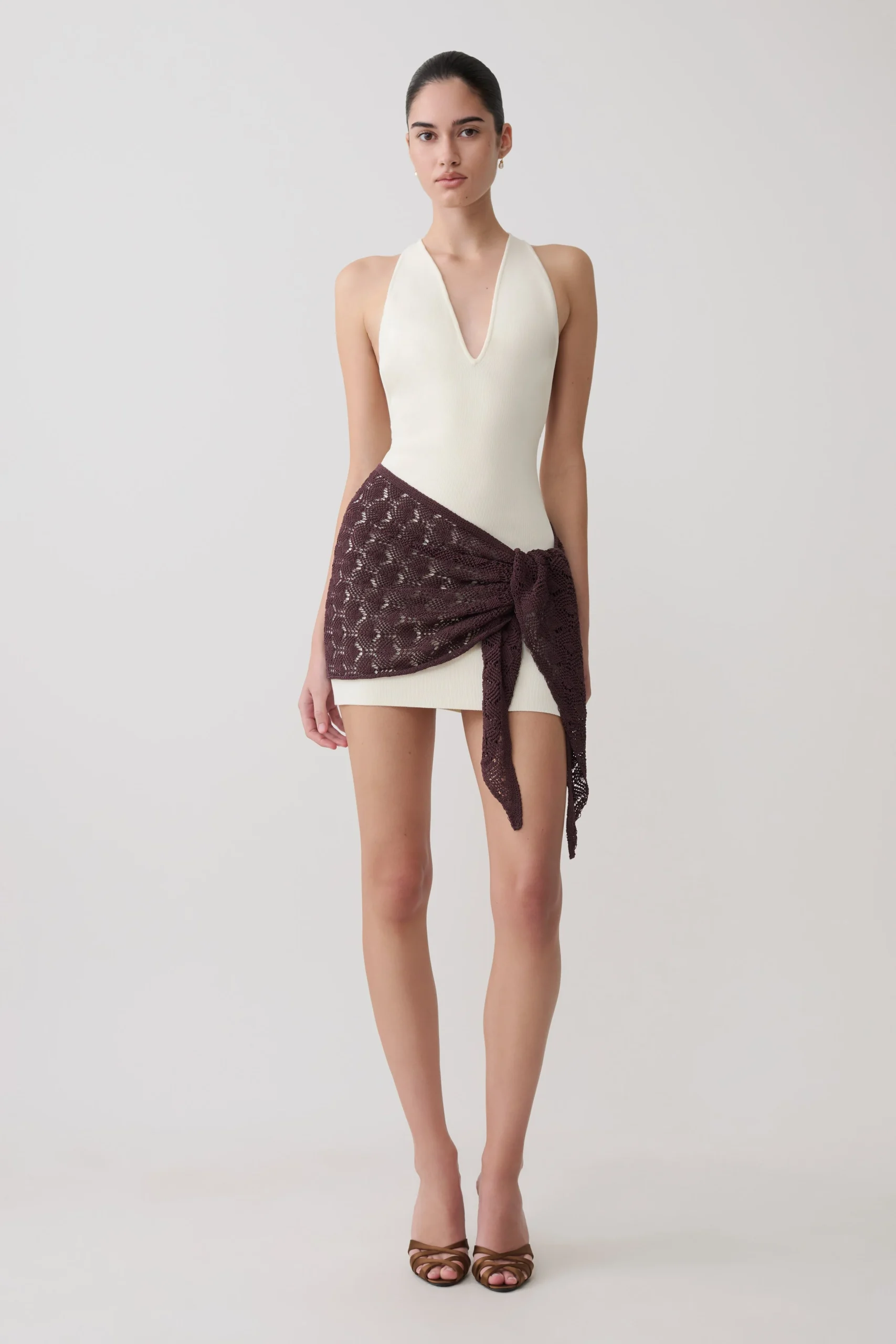 MollieMini Dress With Crochet Overlay - White/Chocolate