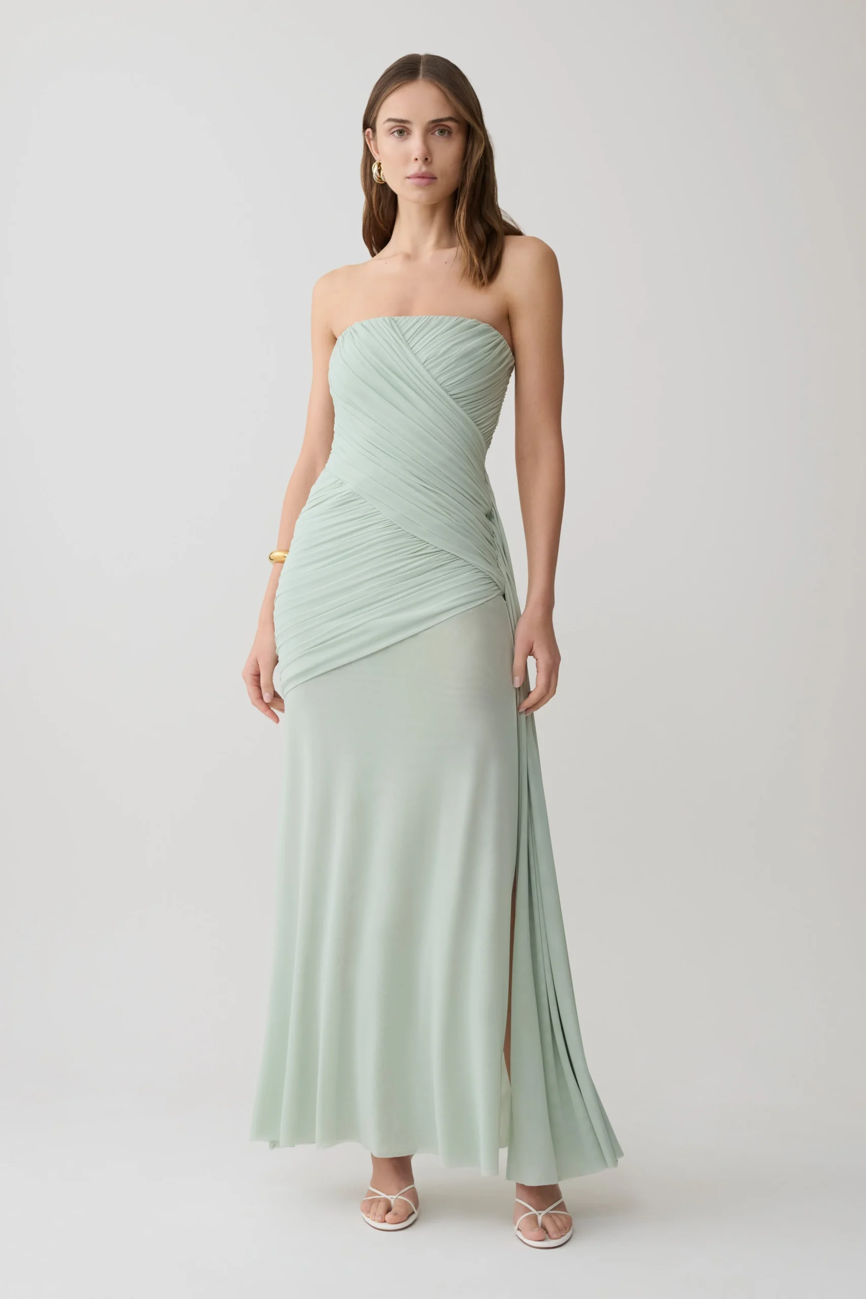 MonetStrapless Ruched Mesh Maxi Dress - Aqua Grey