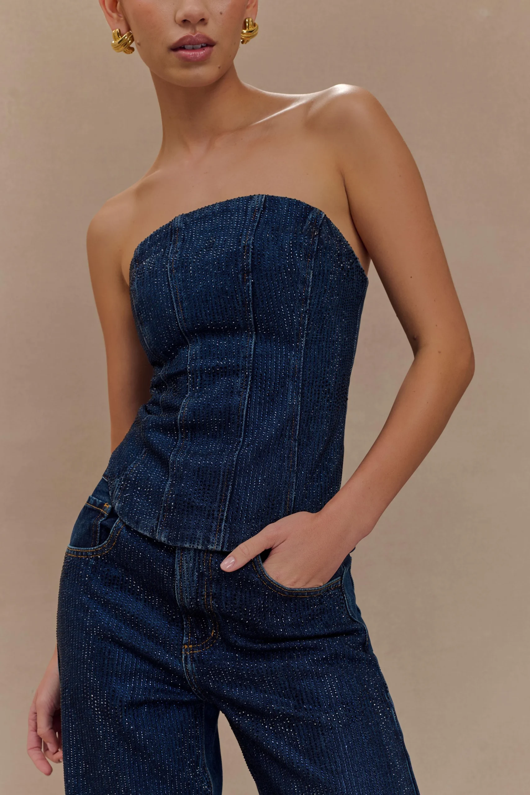 MonteStrapless Diamante Denim Corset - Midnight Blue