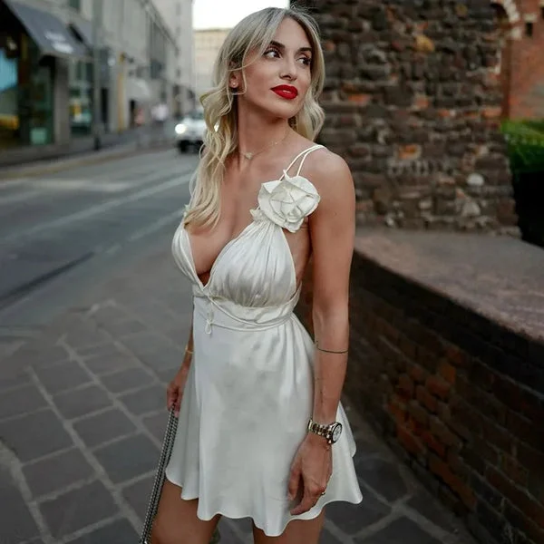 Moonlight Sheen Mini Satin Dress with Asymmetric Floral