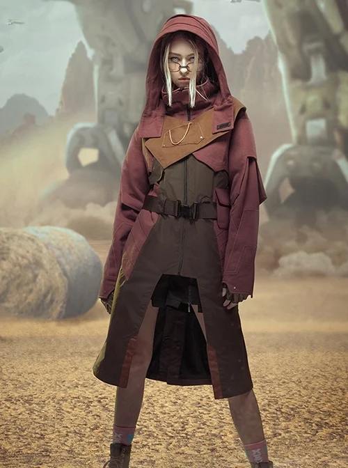Motorized Cowboy Sunset Scarlet Wilderness Functional Style Multi-Pleated Hood Cyberpunk Long Hooded Windbreaker