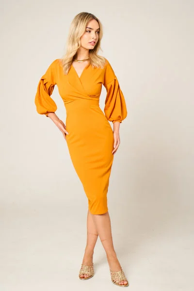 Mustard Belted Bodycon Midi Wrap Dress - Angelica