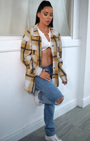 Mustard & Navy Yarn Dyed Check Oversized Button Up Pocket Shacket - Isabella