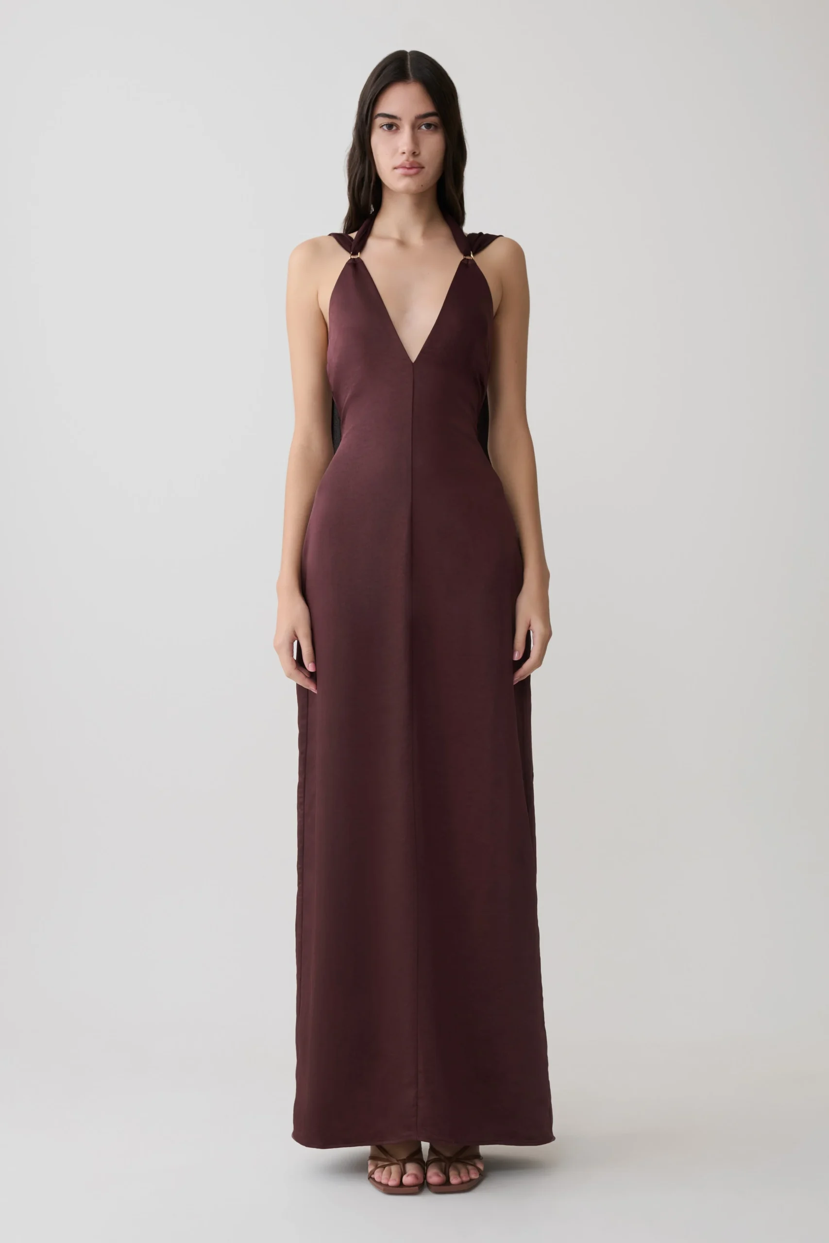 MylaDraped Shoulders Satin Maxi Dress - Chocolate