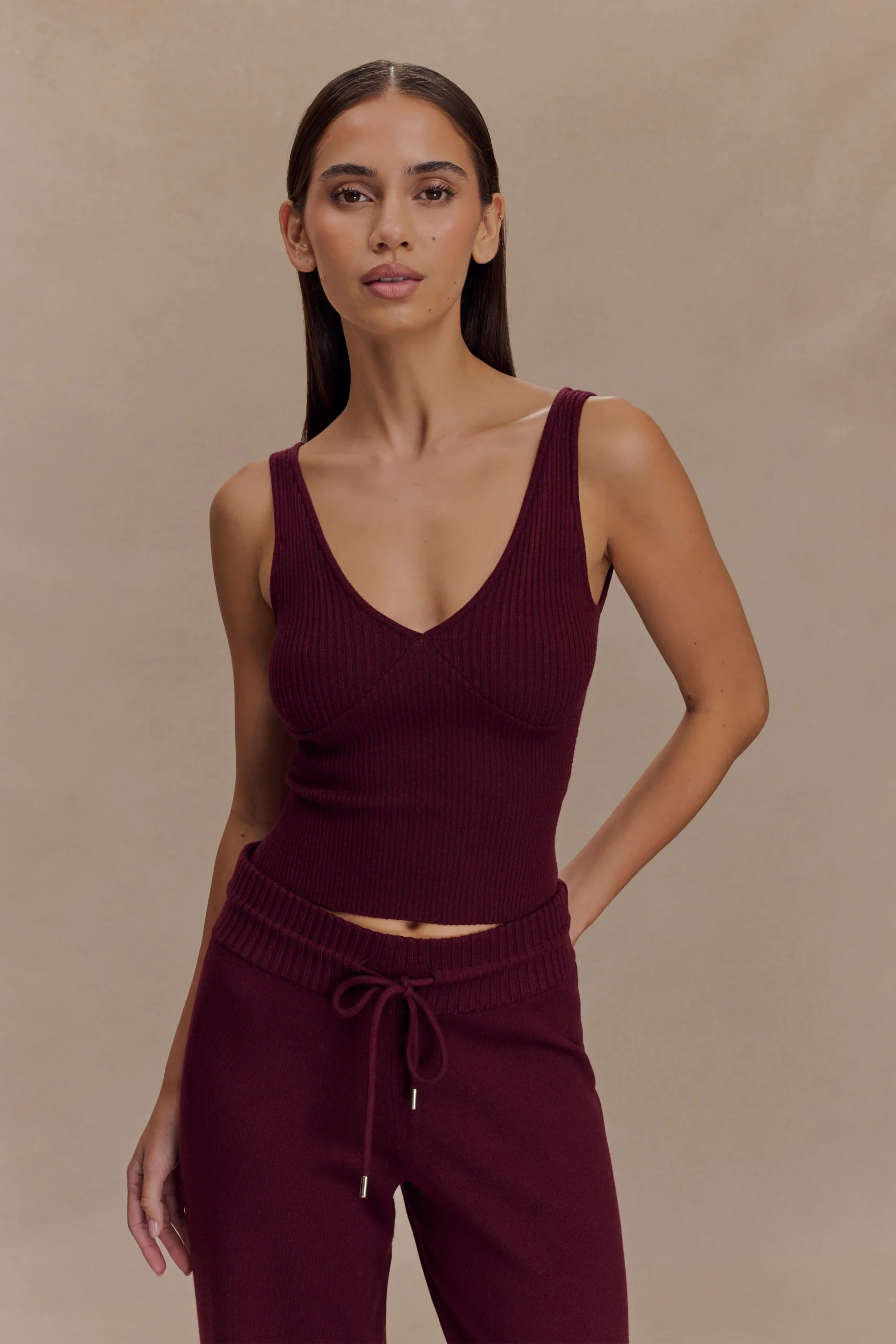 NatalyaRibbed Knit Cami Top - Merlot