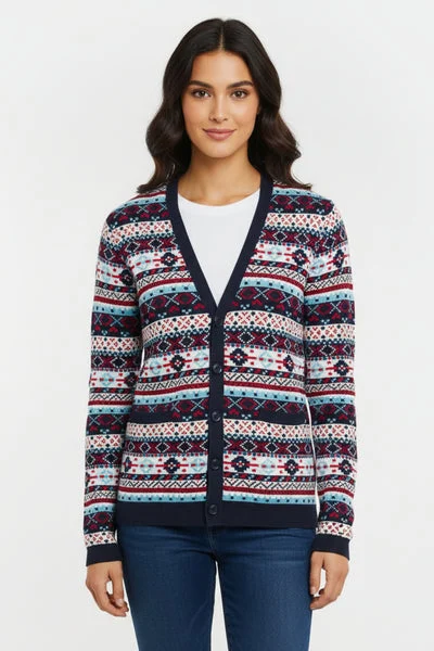 Navy Multi Fair Isle Print Button Up Cardigan - Kira