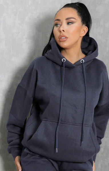 Navy Oversized Drawstring Pocket Casual Hoodie - Ella