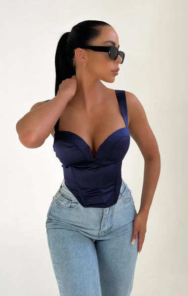 Navy Satin Cup Detail Sweetheart Corset Top - Maci