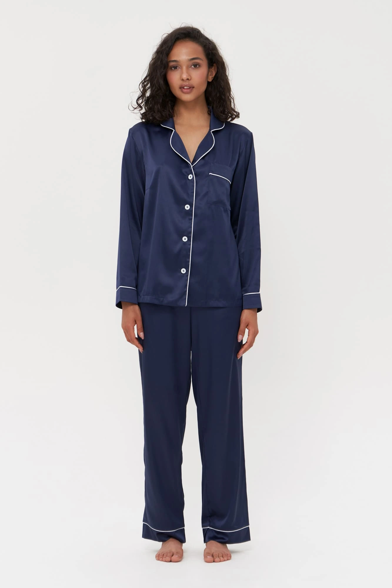 Navy Satin Pyjamas with Button Up Top & Long Sleeves