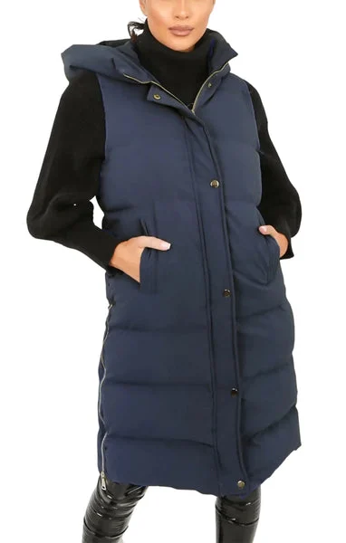 Navy Sleeveless Longline Midi Zip Up Hooded Puffer Gilet - Terri