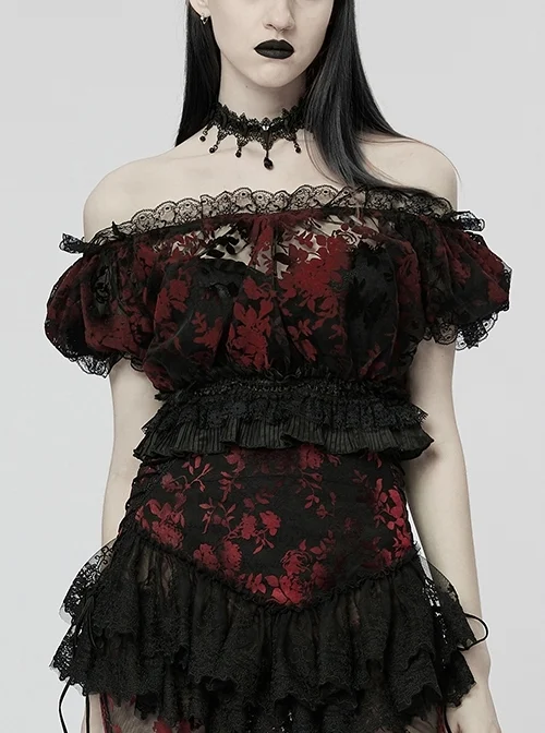 Neckline Changeable Non-Stretch Mesh Stitching Edge Lace Lace Neckline Changeable Black Red Gothic Sexy Flocking Mesh T-Shirt