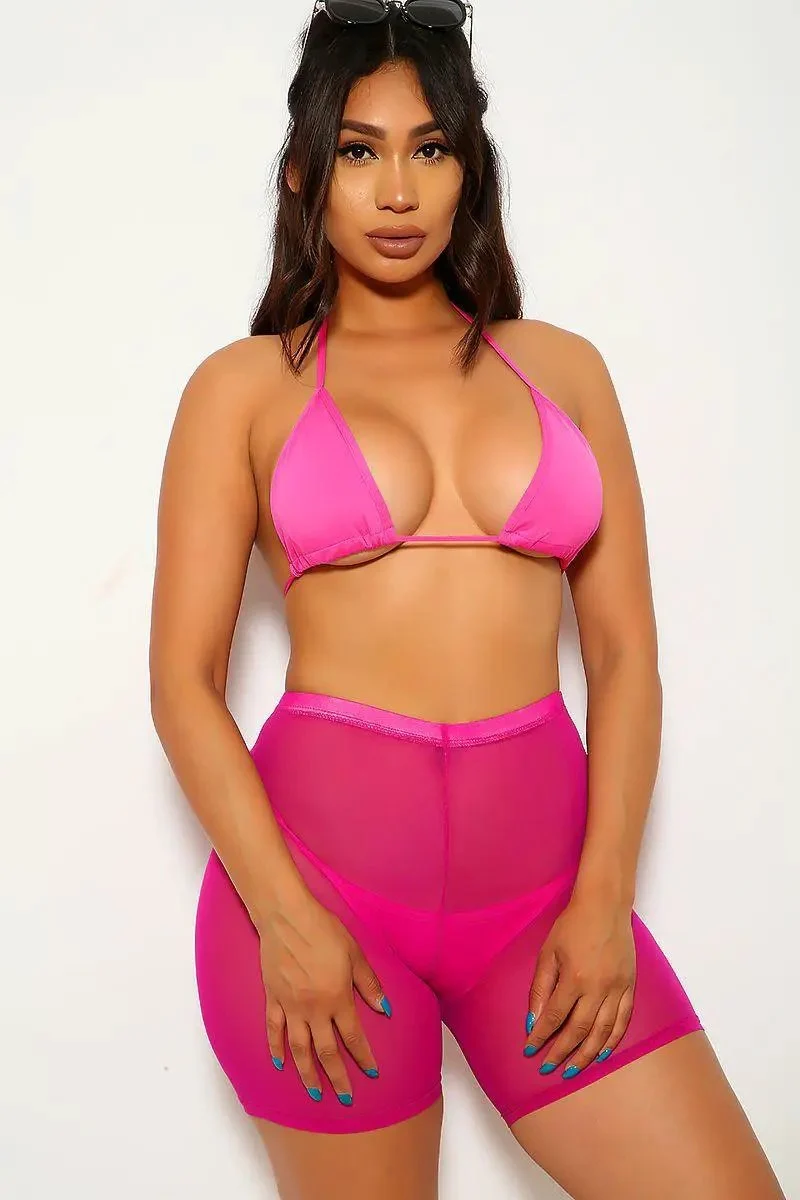 Neon Fuchsia Three Piece Mesh Swimsuit Set