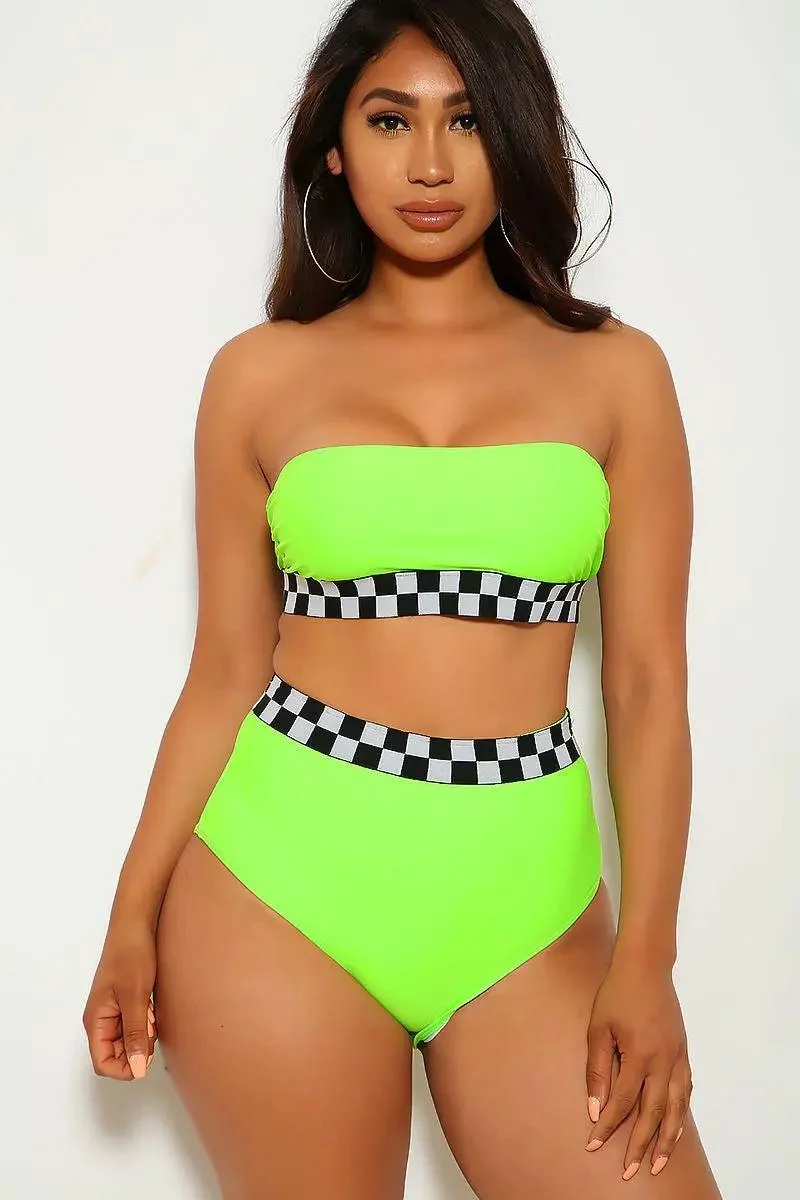 Neon Lime Checkered Bandeau Two Piece Swimsuit