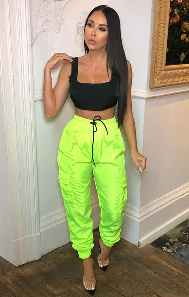 Neon Lime Green Cuffed Cargo Trousers - Poppi
