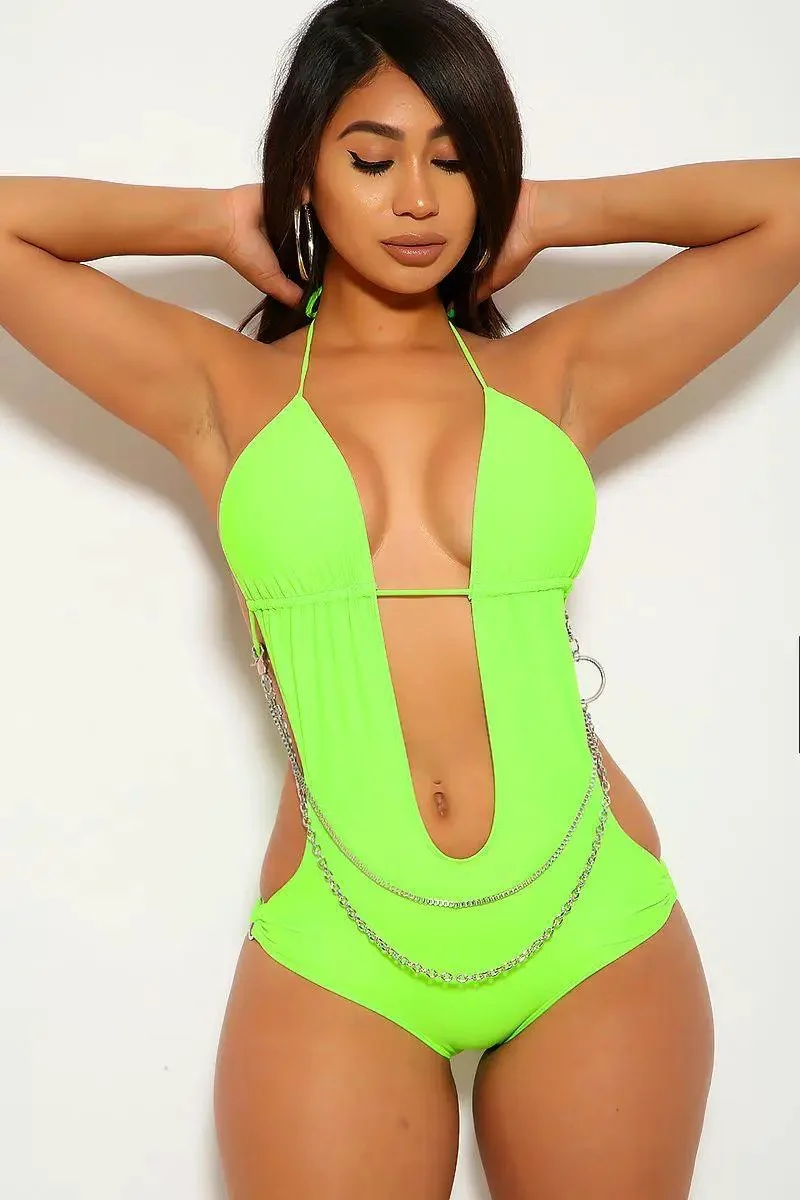 Neon Lime Halter Double Chain Monokini