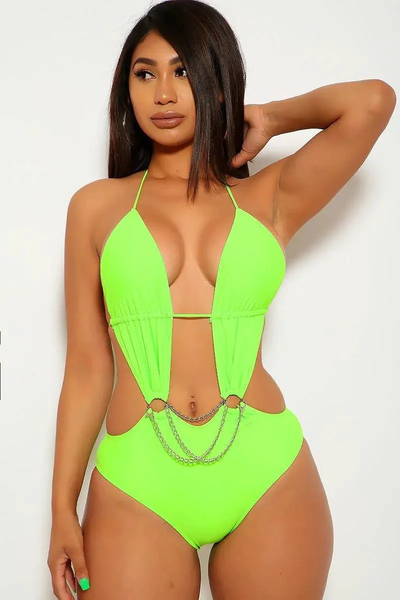 Neon Lime Halter O-Ring Chain Monokini