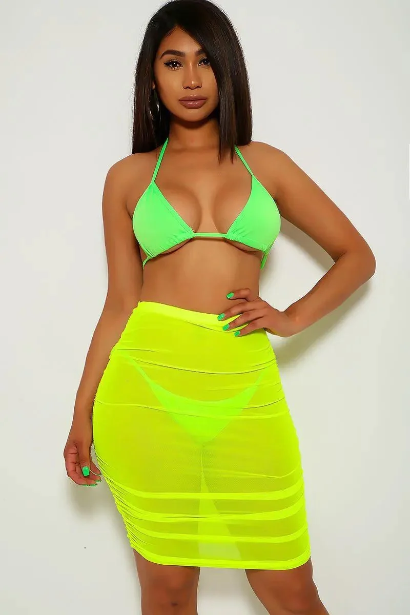 Neon Lime Mesh High Waist Three Piece Swimsuit