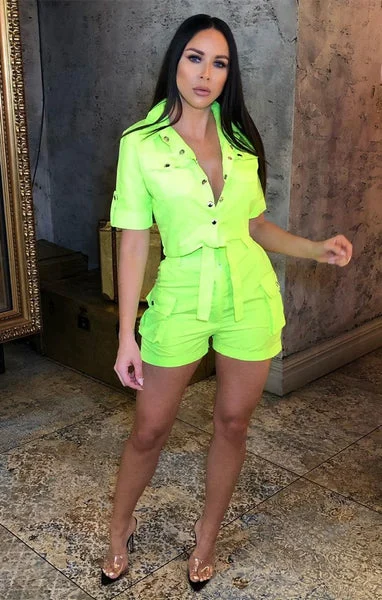 Neon Lime Pop Button Shorts Co-Ord - Andrea