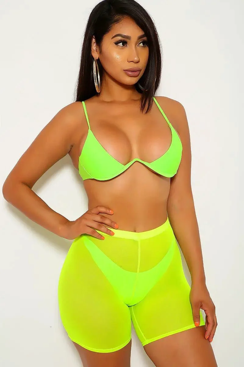 Neon Lime V Underwire Three Piece Swimsuit Set