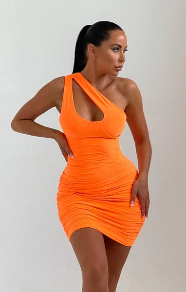 Neon Orange Asymmetric Strap Cut Out Mini Dress - Mila