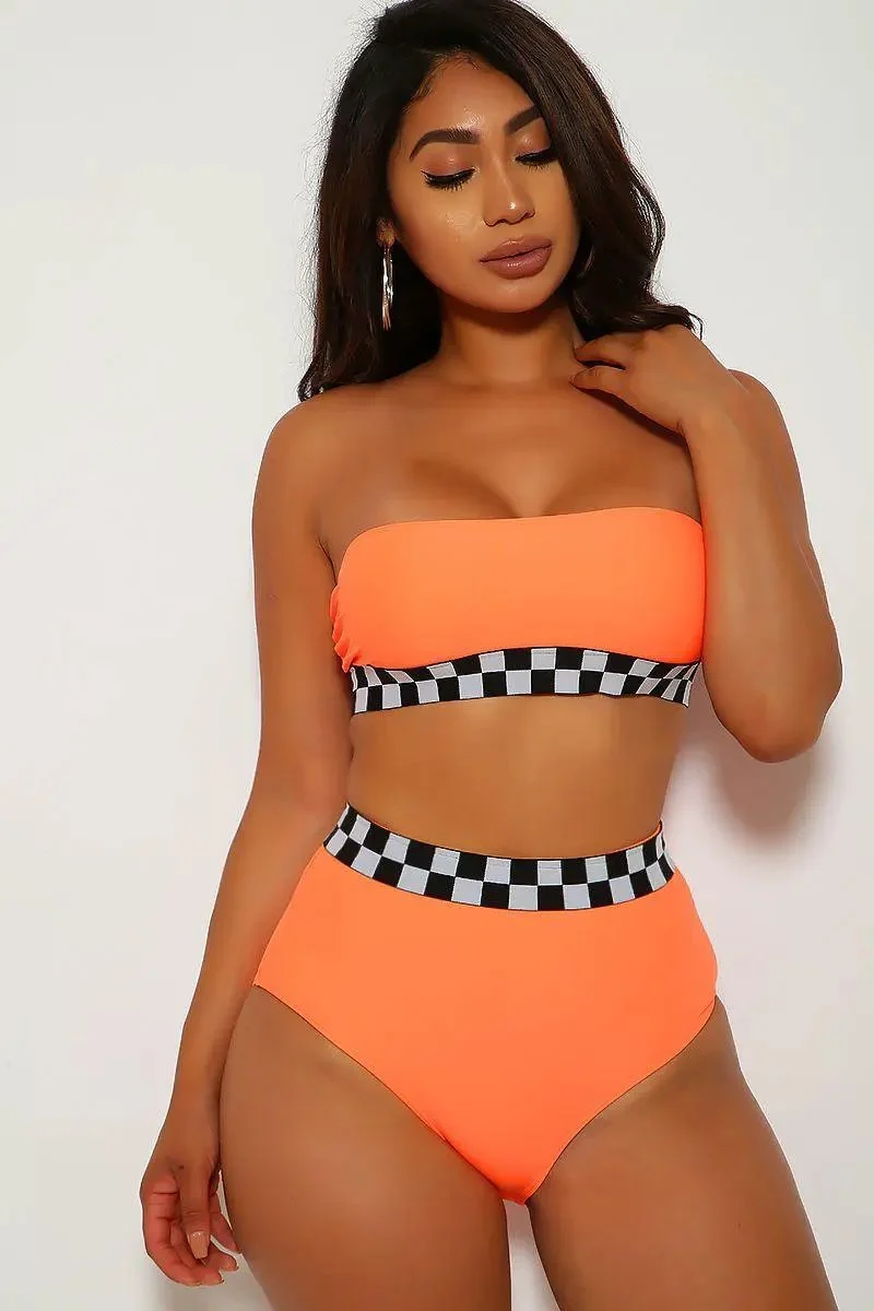 Neon Orange Checkered Bandeau Two Piece Swimsuit